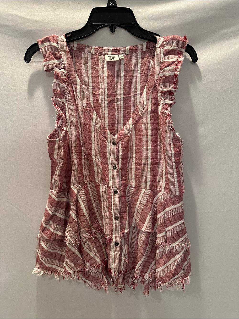 True Craft Red and White Striped Ruffle Button Tank